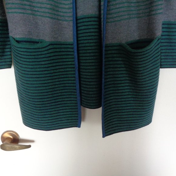 Talbots Merino Wool Blue Striped Open Sweater MP Two Front Pockets - Picture 5 of 6